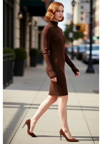 Kadın Bodycon Dik Yaka Uzun Kollu Triko Elbise Kış Sezonu Için Şık ve Rahat Günlük Giyim Seçeneği