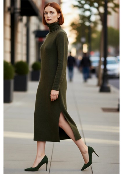 Kadınlara Özel Düz Desen Balıkçı Yaka Midi Triko Elbise Kış Aylarının Rahat ve Şık Seçimi Kaliteli