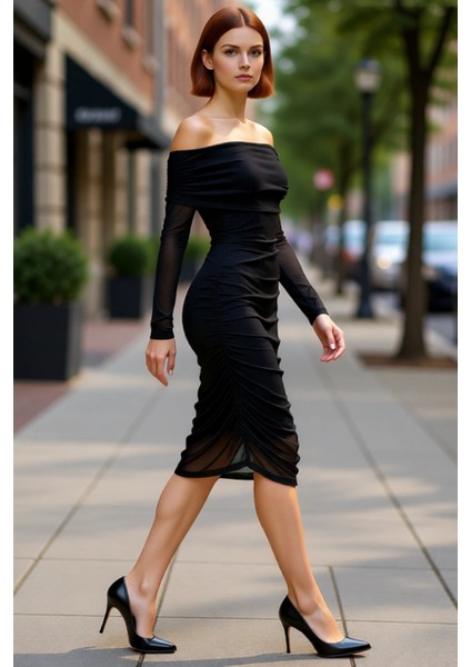 Kadınlara Özel Bodycon Carmen Yaka Uzun Kol Tül Örme Midi Elbise Şık Büzgü Detaylı Tasarım