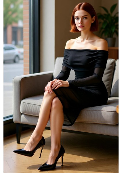 Kadınlara Özel Bodycon Carmen Yaka Uzun Kol Tül Örme Midi Elbise Şık Büzgü Detaylı Tasarım fiyatları