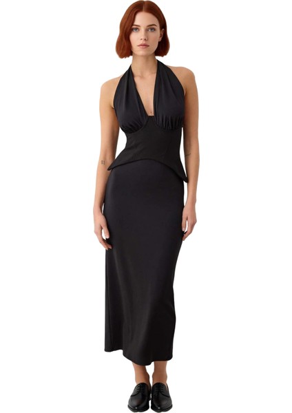 Kadın Siyah Boyundan Bağlama Detaylı Shift Kalıp Maxi Abiye Elbise Yaz Akşamları Için Ideal modelleri