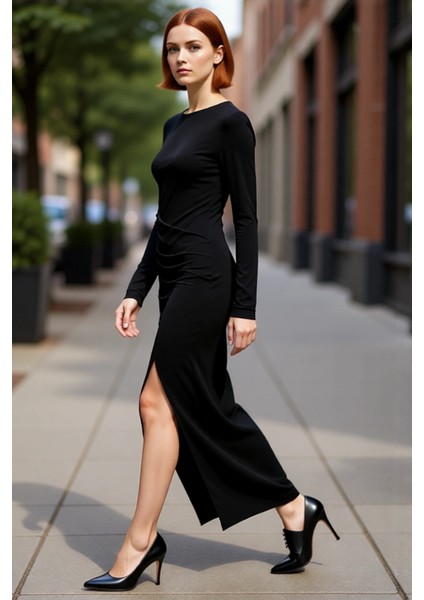 Kadın Şık Bodycon Drapeli Anvelop Maxi Elbise Uzun Kollu Bisiklet Yaka Kış Sezonu Için Mükemmel