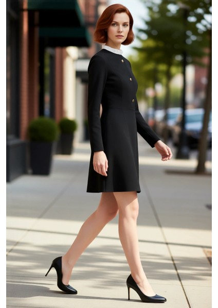 Kadın Siyah A Kesim Dokuma Dik Yaka Uzun Kollu Düğmeli Mini Elbise Smart Şık Gündüz Gece Kombinleri