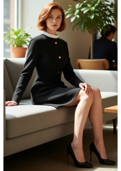 Kadın Siyah A Kesim Dokuma Dik Yaka Uzun Kollu Düğmeli Mini Elbise Smart Şık Gündüz Gece Kombinleri fiyatları