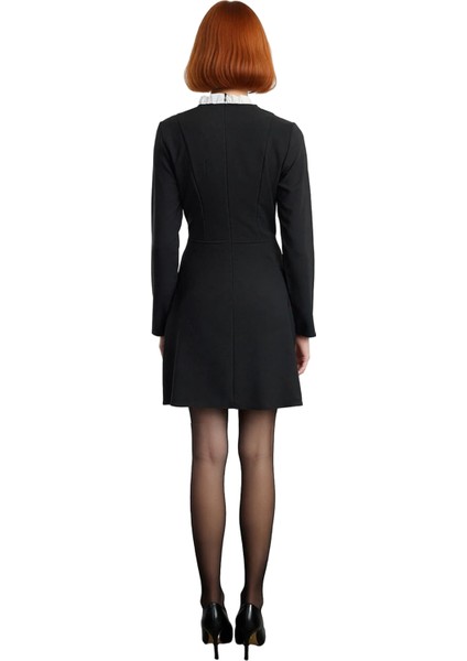 Kadın Siyah A Kesim Dokuma Dik Yaka Uzun Kollu Düğmeli Mini Elbise Smart Şık Gündüz Gece Kombinleri fırsatları