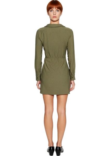 Kadın Haki Kruvaze Dokuma A Line Mini Elbise V Yaka Uzun Kollu Şık ve Modern Tasarım Kaliteli fırsatları