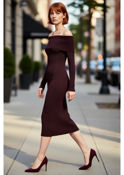 Kadın Carmen Yaka Uzun Kollu Midi Boy Düz Shift Kalıp Triko Elbise Ilkbahar Sonbahar Şıklığı