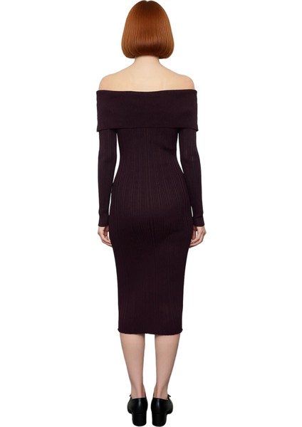 Kadın Carmen Yaka Uzun Kollu Midi Boy Düz Shift Kalıp Triko Elbise Ilkbahar Sonbahar Şıklığı fırsatları