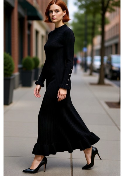 Kadın Bej Ribana Triko Maxi Elbise Eteği Fırfırlı Incili Düşük Kol Bisiklet Yaka Tasarımı Kaliteli