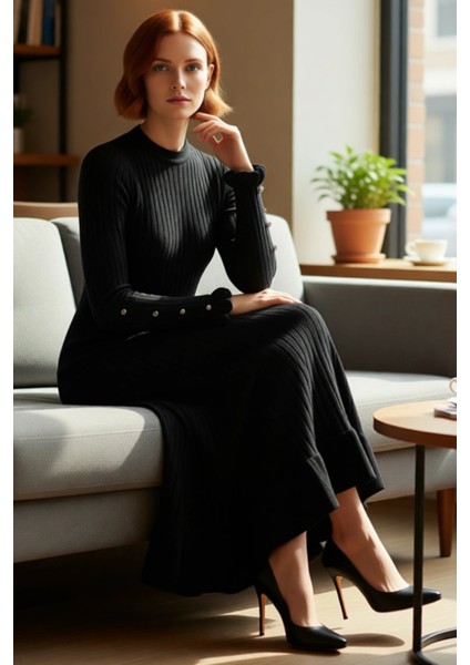 Kadın Bej Ribana Triko Maxi Elbise Eteği Fırfırlı Incili Düşük Kol Bisiklet Yaka Tasarımı Kaliteli fiyatları