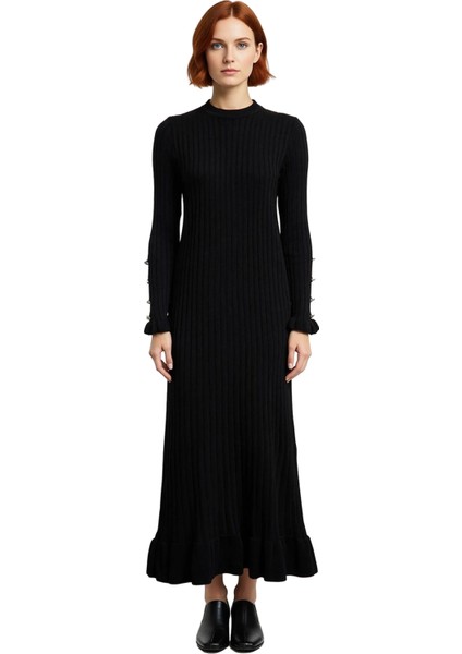 Kadın Bej Ribana Triko Maxi Elbise Eteği Fırfırlı Incili Düşük Kol Bisiklet Yaka Tasarımı Kaliteli modelleri