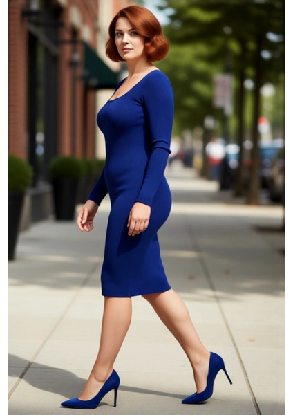 Kadın Büyük Beden Bodycon Fitilli Triko Elbise Uzun Kollu Midi Boy Kare Yaka Şık Tasarım Kaliteli