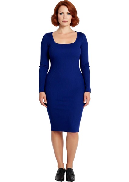 Kadın Büyük Beden Bodycon Fitilli Triko Elbise Uzun Kollu Midi Boy Kare Yaka Şık Tasarım Kaliteli modelleri