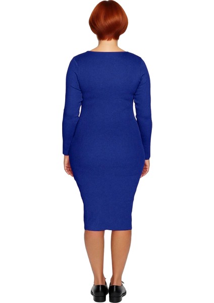 Kadın Büyük Beden Bodycon Fitilli Triko Elbise Uzun Kollu Midi Boy Kare Yaka Şık Tasarım Kaliteli fırsatları