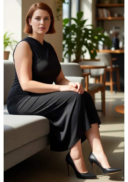 Kadın Kruvaze Yaka Yanları Büzgülü Kolsuz Maxi Boy Örme Kumaş Rahat Shift Kalıp Büyük Beden Elbise fiyatları