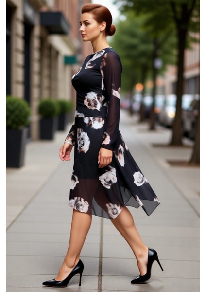 Kadın Asimetrik Kesim Örme Tül Ekose Desenli Midi Boy Uzun Kollu Elbise Günlük Şıklık Sunar