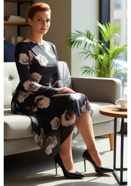 Kadın Asimetrik Kesim Örme Tül Ekose Desenli Midi Boy Uzun Kollu Elbise Günlük Şıklık Sunar fiyatları