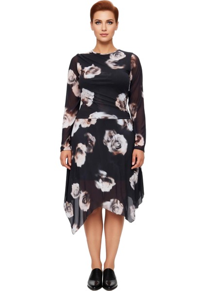 Kadın Asimetrik Kesim Örme Tül Ekose Desenli Midi Boy Uzun Kollu Elbise Günlük Şıklık Sunar modelleri