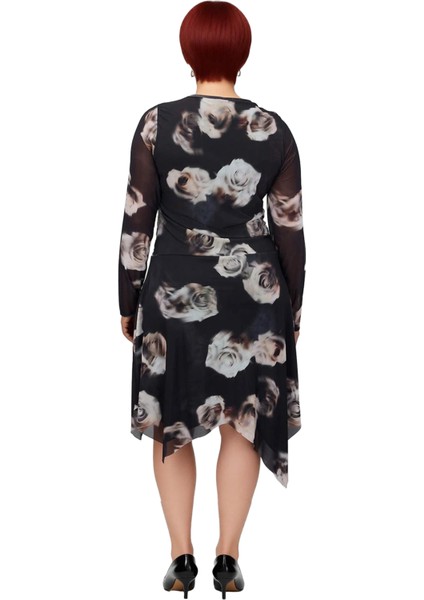 Kadın Asimetrik Kesim Örme Tül Ekose Desenli Midi Boy Uzun Kollu Elbise Günlük Şıklık Sunar fırsatları