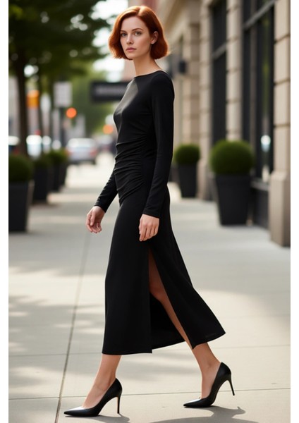 Kadın Zarif A Line Midi Elbise Uzun Kollu Esnek Yapısıyla Kışlık Gece Kombinlerin Yıldızı. fırsatları