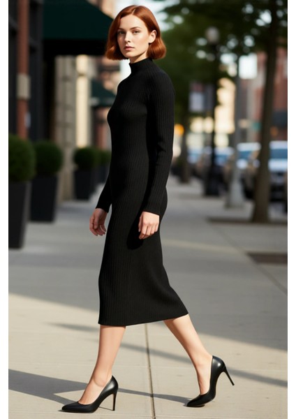 Kadın Midi Örme Elbise Bodycon Kalıbı Dik Yaka Uzun Standart Kol Yırtmaç Detaylı Düz Tasarım Kış