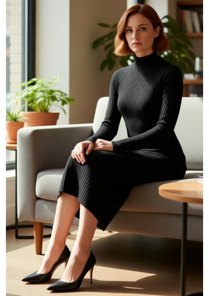 Kadın Midi Örme Elbise Bodycon Kalıbı Dik Yaka Uzun Standart Kol Yırtmaç Detaylı Düz Tasarım Kış fiyatları