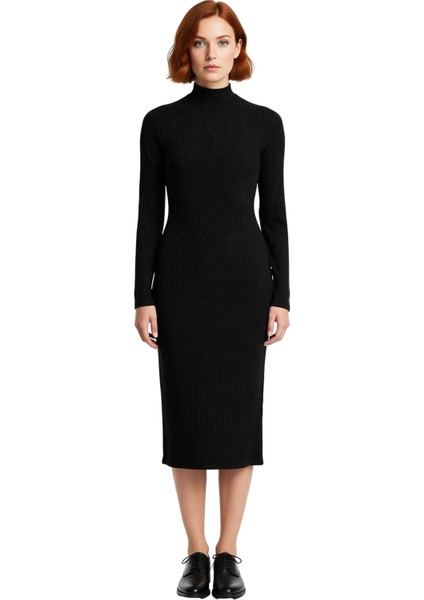 Kadın Midi Örme Elbise Bodycon Kalıbı Dik Yaka Uzun Standart Kol Yırtmaç Detaylı Düz Tasarım Kış modelleri