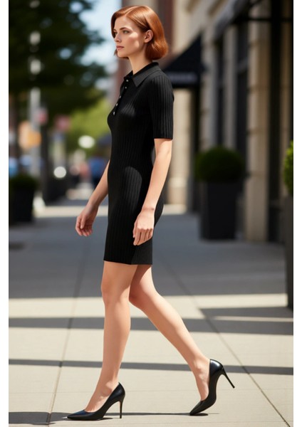 Kadın Siyah Düğme Detaylı Polo Yaka A Line Triko Mini Elbise Ilkbahar Sonbahar Günlük Şık Stil