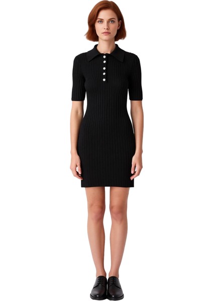 Kadın Siyah Düğme Detaylı Polo Yaka A Line Triko Mini Elbise Ilkbahar Sonbahar Günlük Şık Stil modelleri