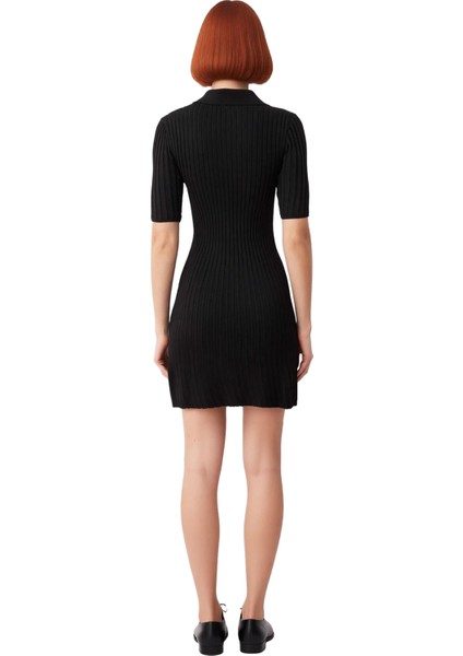 Kadın Siyah Düğme Detaylı Polo Yaka A Line Triko Mini Elbise Ilkbahar Sonbahar Günlük Şık Stil fırsatları