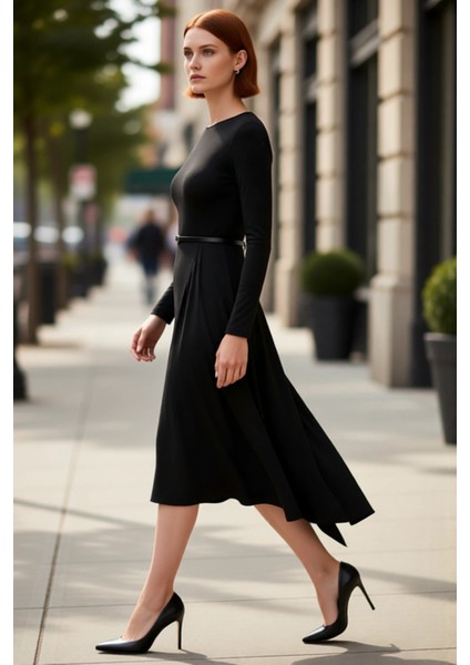 Kadın A Line Kesim Kemer Detaylı Havuz Yaka Uzun Kollu Maxi Boy Örme Elbise Kış Sezonu Için Şık Bir