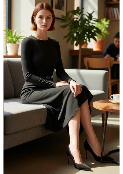 Kadın A Line Kesim Kemer Detaylı Havuz Yaka Uzun Kollu Maxi Boy Örme Elbise Kış Sezonu Için Şık Bir fiyatları