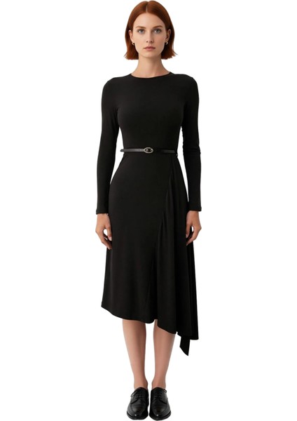 Kadın A Line Kesim Kemer Detaylı Havuz Yaka Uzun Kollu Maxi Boy Örme Elbise Kış Sezonu Için Şık Bir modelleri