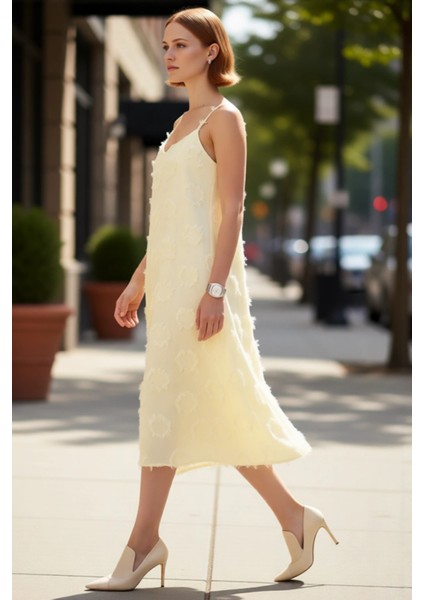 Kadınlar Icin A Line Kesim Ince Askılı Midi Boy Havuz Yaka Flamlı Dokuma Yazlık Elbise Gunluk Siklik