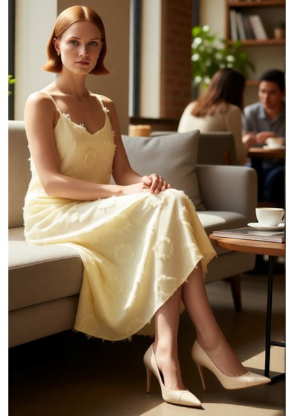 Kadınlar Icin A Line Kesim Ince Askılı Midi Boy Havuz Yaka Flamlı Dokuma Yazlık Elbise Gunluk Siklik fiyatları