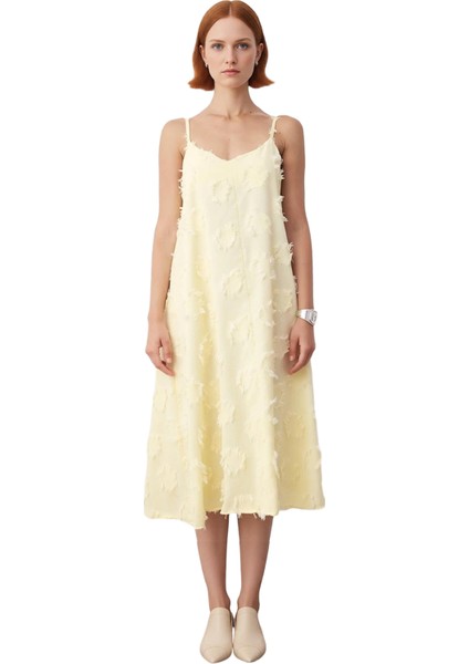 Kadınlar Icin A Line Kesim Ince Askılı Midi Boy Havuz Yaka Flamlı Dokuma Yazlık Elbise Gunluk Siklik modelleri