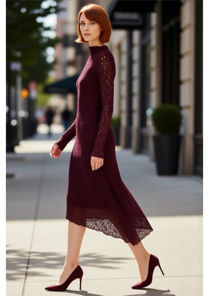 Kadın Asimetrik Kesim Bodycon Örme Dantel Dokulu Uzun Kollu Maxi Dik Yaka Elbise Kaliteli Şık