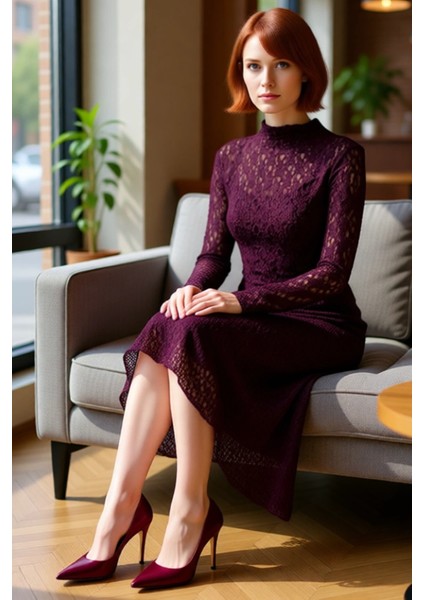 Kadın Asimetrik Kesim Bodycon Örme Dantel Dokulu Uzun Kollu Maxi Dik Yaka Elbise Kaliteli Şık fiyatları