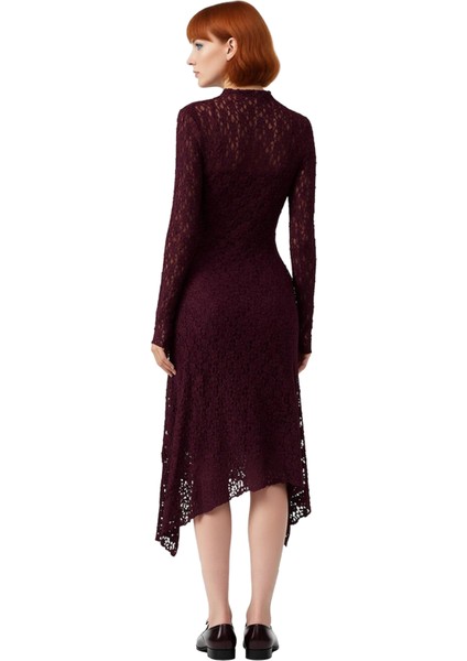 Kadın Asimetrik Kesim Bodycon Örme Dantel Dokulu Uzun Kollu Maxi Dik Yaka Elbise Kaliteli Şık fırsatları
