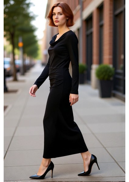 Kadın Bodycon Degaje Yaka Büzgülü Maxi Elbise Kalın Sandy Dokuma Uzun Kollu Şık Kış Stili Kaliteli