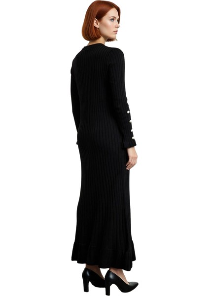 Kadın Bej Ribana Triko Maxi Elbise Eteği Fırfırlı Incili Düşük Kol Bisiklet Yaka Tasarımı Kaliteli fırsatları