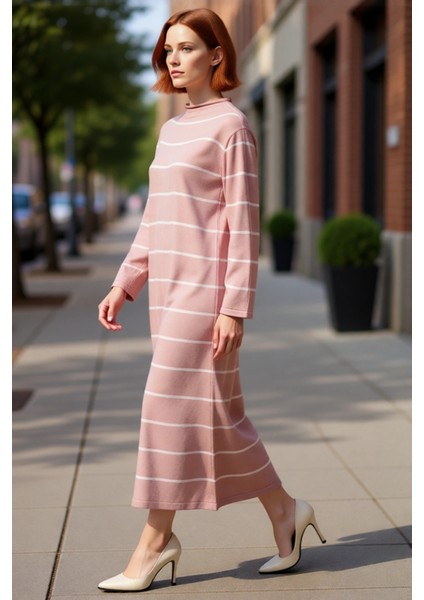 Kadın A Kesim Dik Yaka Çizgili Triko Maxi Elbise Uzun Kollu Günlük Şıklık Sunan Konfor Kaliteli