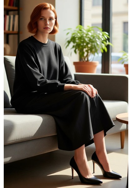 Kadın Örme Dokuma Detaylı Maxi Boy T Shirt Elbise Regular Kalıp Bisiklet Yaka Düşük Kol Rahat Şık fiyatları