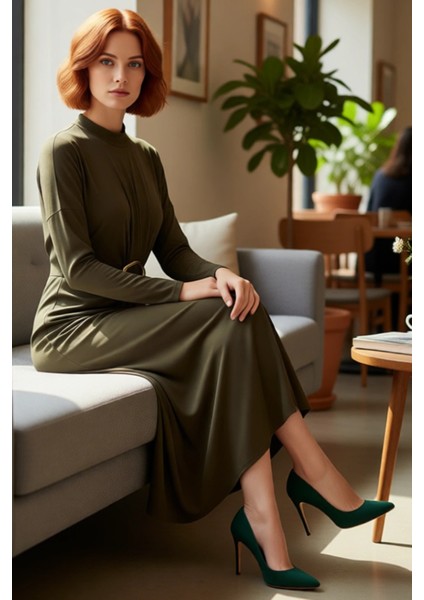 Kadın Dik Yaka Uzun Kollu Sandy Örme Bodycon Maxi Elbise Şık Toka Detaylı Günlük Kombinler Için fiyatları