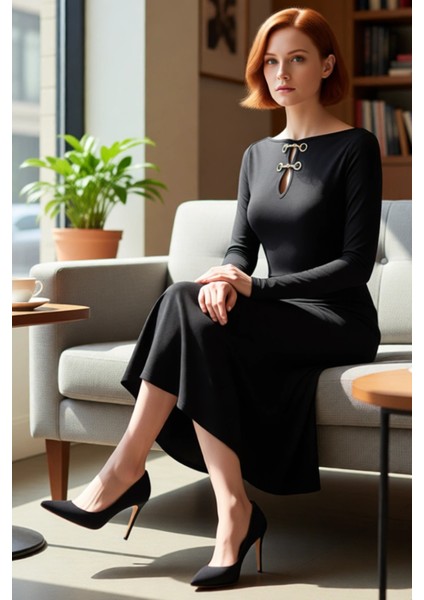 Kadın Uzun Kollu Bodycon Örme Maxi Elbise Aksesuar Detaylı Kışlık Zarif Gündüz Gece Şıklığı