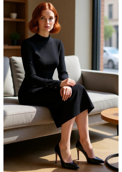 Kadın Düğmeli Dik Yaka Uzun Kollu Midi Elbise Bodycon Kalıbıyla Vücuda Oturan Örme Dokusu Kaliteli