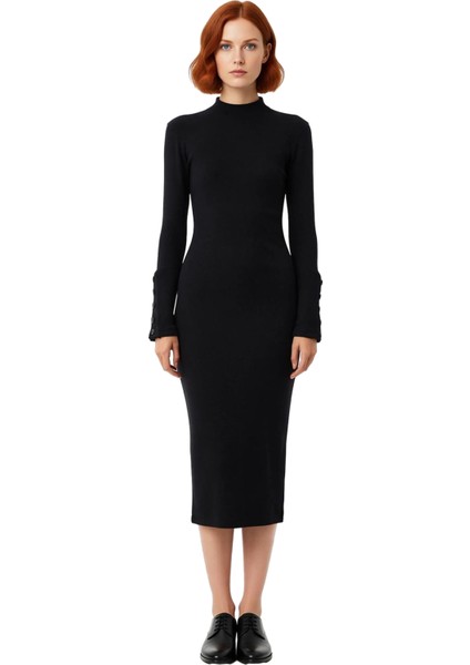 Kadın Düğmeli Dik Yaka Uzun Kollu Midi Elbise Bodycon Kalıbıyla Vücuda Oturan Örme Dokusu Kaliteli fiyatları