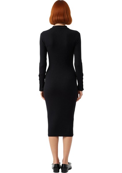 Kadın Düğmeli Dik Yaka Uzun Kollu Midi Elbise Bodycon Kalıbıyla Vücuda Oturan Örme Dokusu Kaliteli modelleri