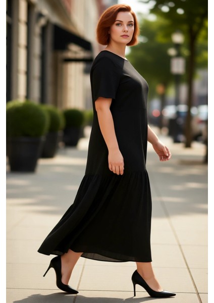 Kadın Büyük Beden A Line Maxi Kısa Kollu Dokuma Volanlı Elbise Rahat Günlük Şıklık Sunar Kaliteli