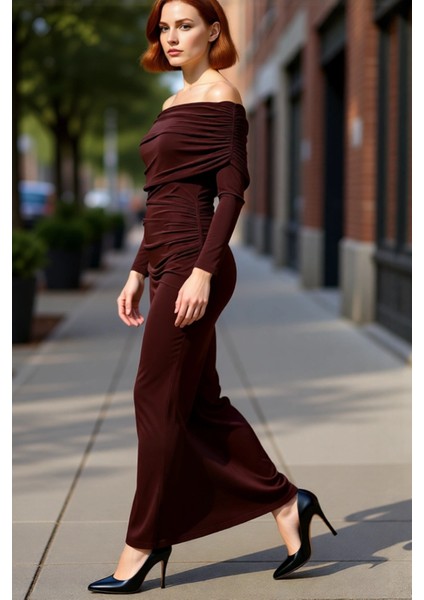 Kadın Bodycon Kahverengi Uzun Kol Carmen Yaka Maxi Elbise Şık Akşam Davetleri Için Ideal Kaliteli